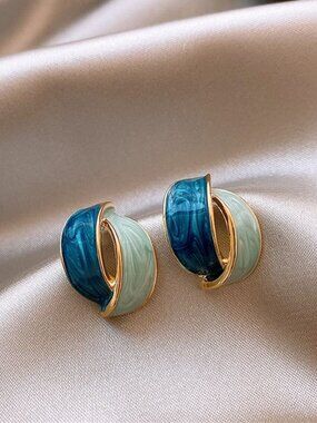 Ashlyn Ellie Artiste Petal Earrings Soft Blue and Deep Teal on Gold Gift Boxed